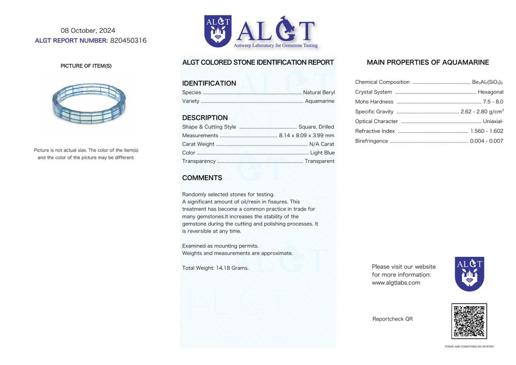 No Reserve - ALGT Certified - Natural Aquamarine Bracelet - Hand-selected Impeccable Stones- 14.18 g #2.1