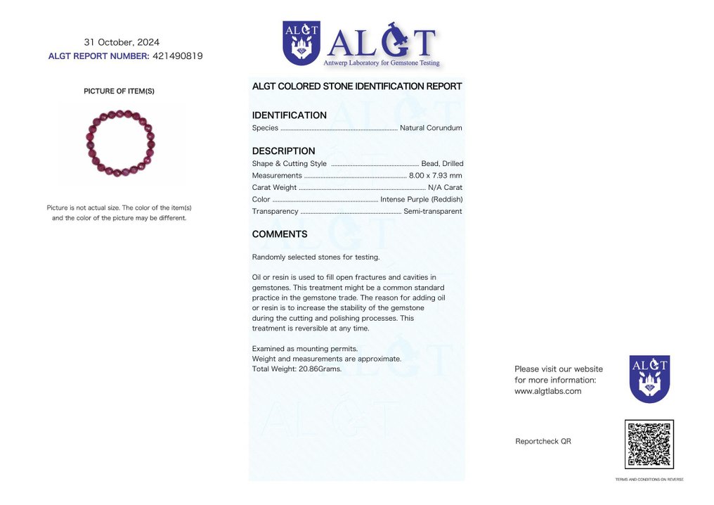 No Reserve Price - ALGT Certified - Natural Ruby Bracelet - A Flawless Masterpiece of Nature and Craftsmanship- 20.86 g #2.1