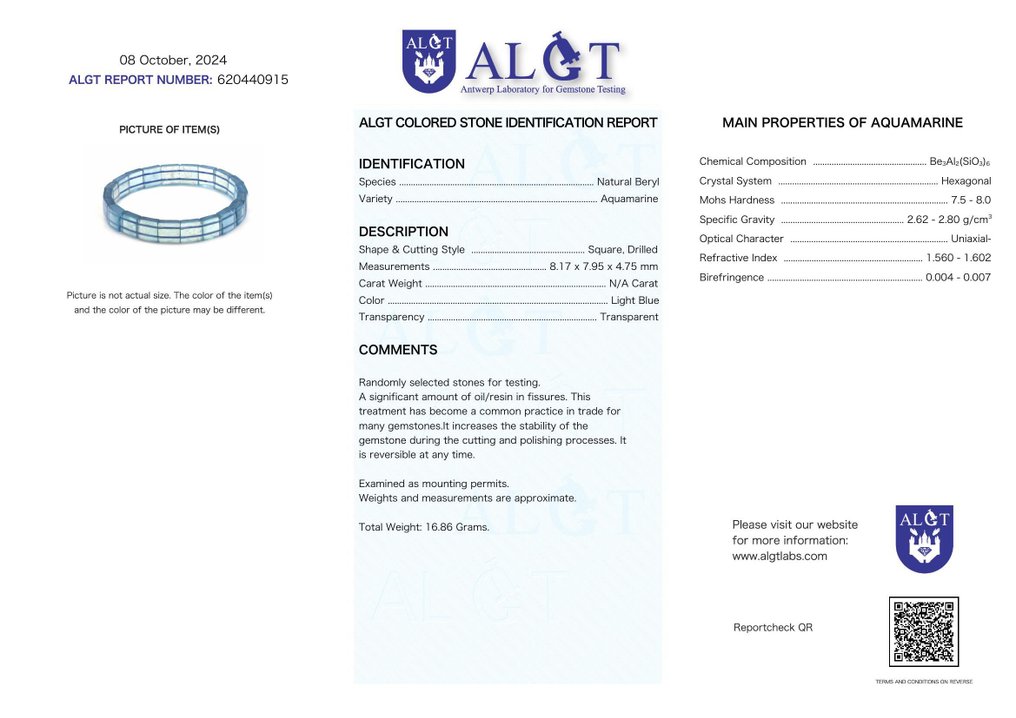 無保留 - ALGT 認證 - 天然海藍寶石手鍊 - 手工挑選無可挑剔的寶石- 16.86 g #2.1