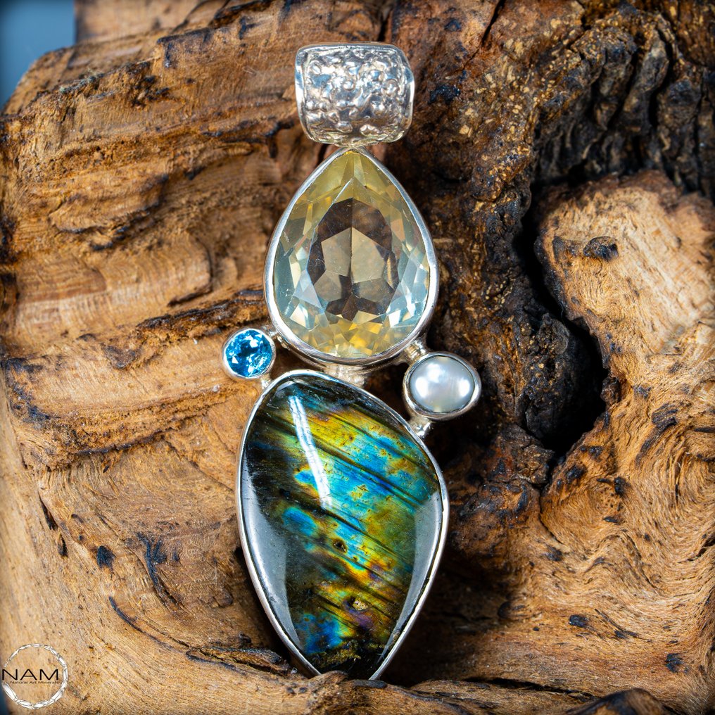 拉布拉多石-黄玉-黄水晶水晶吊坠 52.5克拉 925 银- 10.5 g #1.0