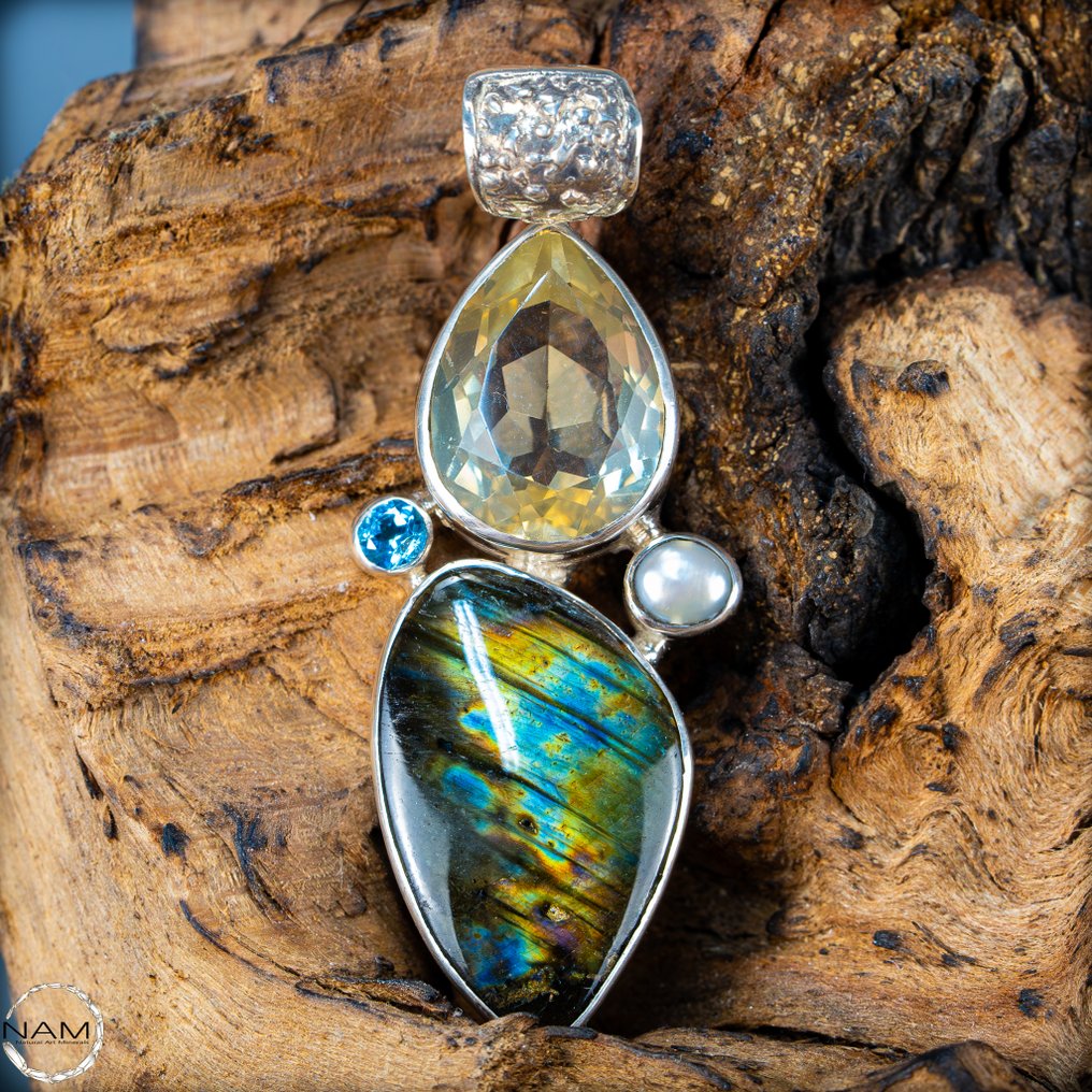 拉布拉多石-黄玉-黄水晶水晶吊坠 52.5克拉 925 银- 10.5 g #2.1