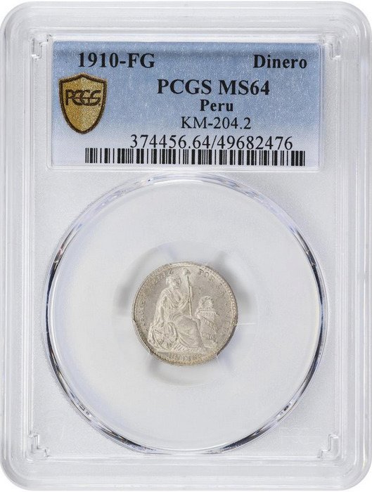 秘魯. Dinero 1910 - PCGS MS64 (FG) #1.0