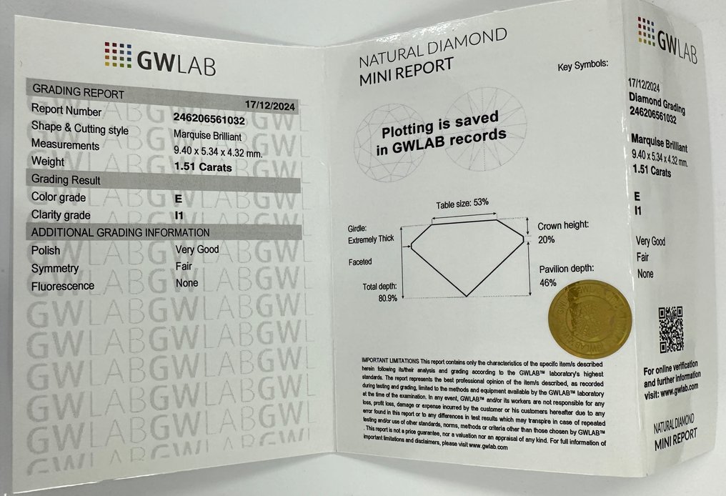 1 pcs 钻石  (天然)  - 1.51 ct - 榄尖形 - E - I1 内含一级 - Gemewizard宝石实验室（GWLab） - （自然） #4.3