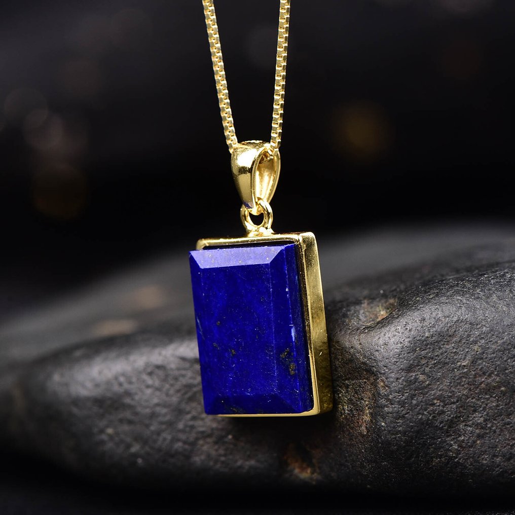 No Reserve Price - Unique Lapis Lazuli Pendant with Chain - 18k Gold-Plated Setting- 3.66 g #4.3