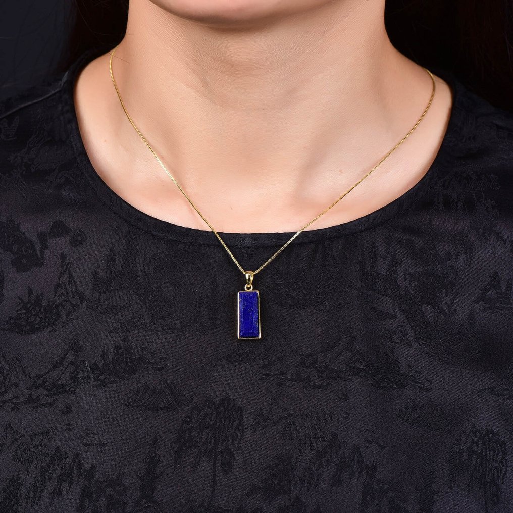 Kein Mindestpreis - Einzigartiger Lapislazuli-Anhänger mit Kette - 18 Karat vergoldete Fassung- 3.18 g #1.0