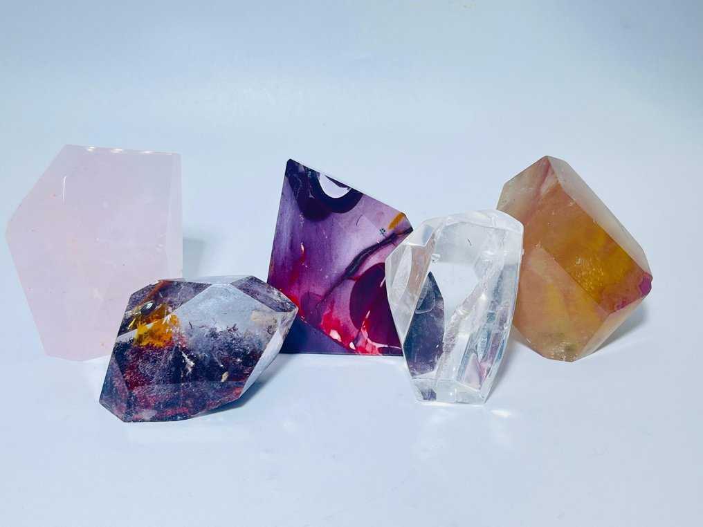 Set of 5 Freeform Polished Crystals: Clear Quartz (Lodolite), Rainbow Fluorite, Rose Quartz, Clear Quartz, and Mookaite- 772 g - (1) #2.1