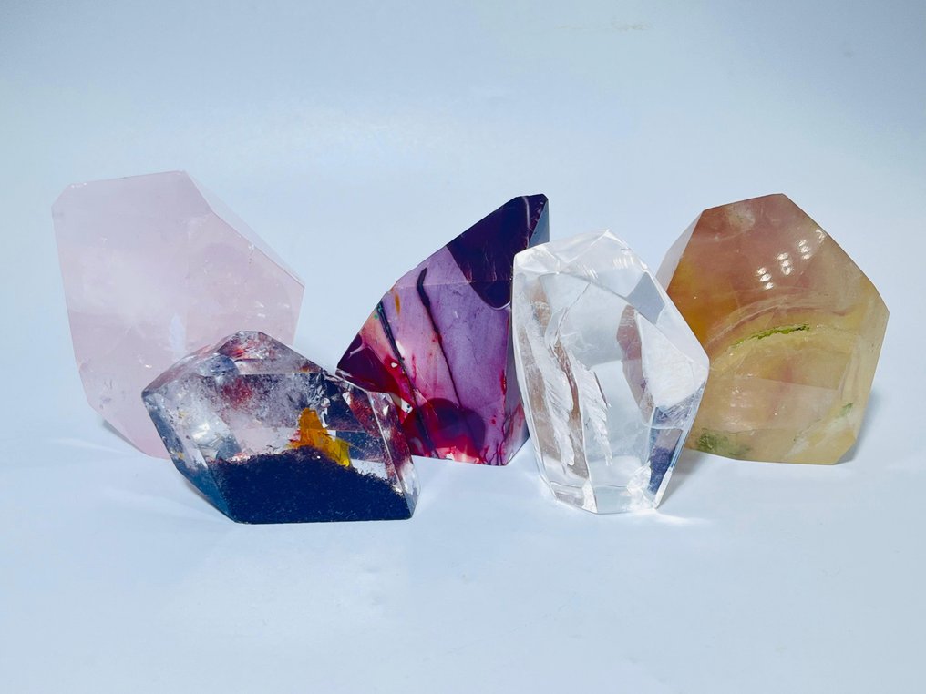 Set of 5 Freeform Polished Crystals: Clear Quartz (Lodolite), Rainbow Fluorite, Rose Quartz, Clear Quartz, and Mookaite- 772 g - (1) #1.0