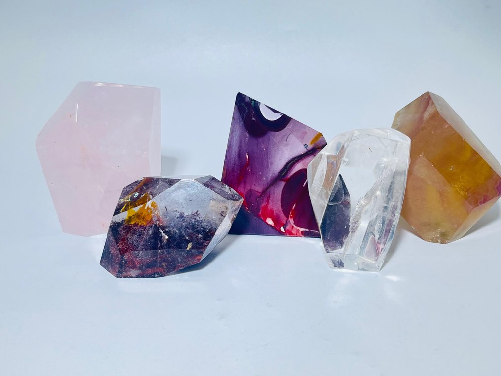 Set of 5 Freeform Polished Crystals: Clear Quartz (Lodolite), Rainbow Fluorite, Rose Quartz, Clear Quartz, and Mookaite- 772 g - (1) #1.0