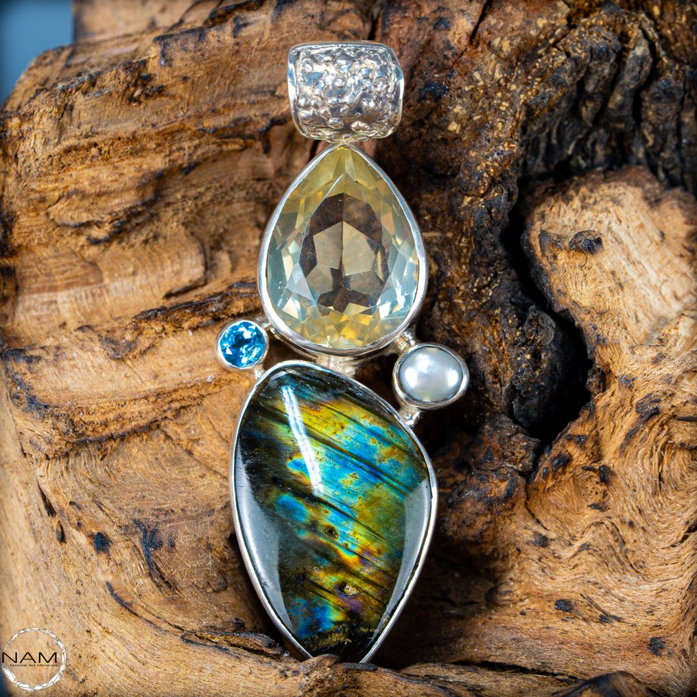 拉布拉多石-黄玉-黄水晶水晶吊坠 52.5克拉 925 银- 10.5 g #1.0