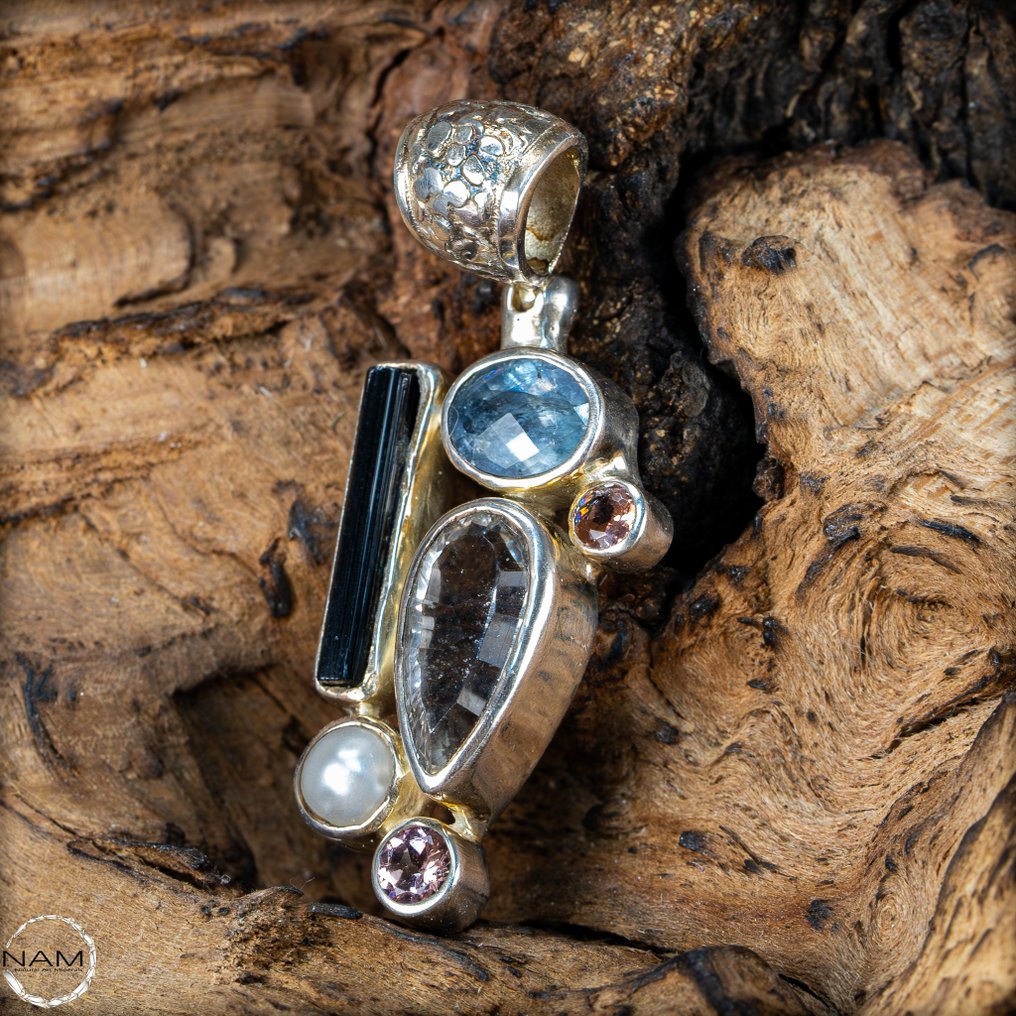 Pendenti in topazio, rubellite, tormalina e perla - argento 925 46,4 ct- 9.28 g #1.0