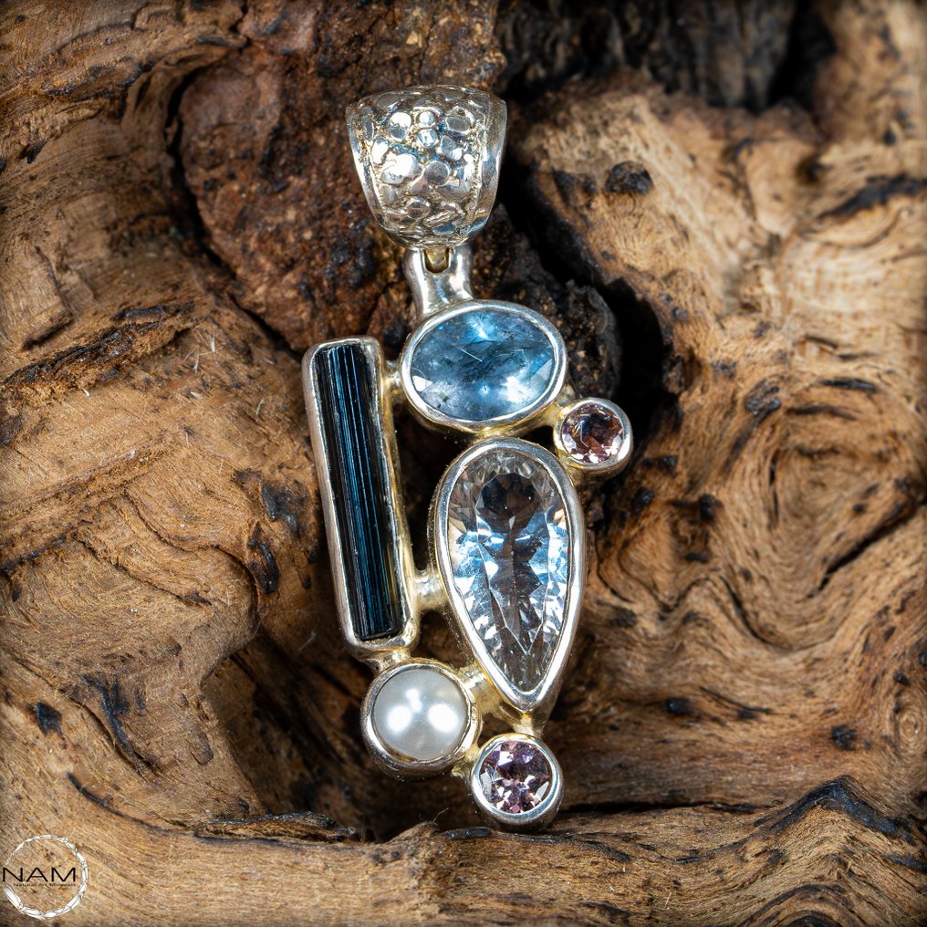 Pendenti in topazio, rubellite, tormalina e perla - argento 925 46,4 ct- 9.28 g #1.0