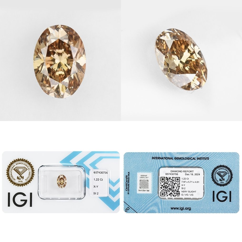 1 pcs 钻石 (天然) - 1.22 ct - 椭圆形 - SI2 微内含二级 - 国际宝石研究院(IGI) - X-Y,浅棕黄色 #4.3