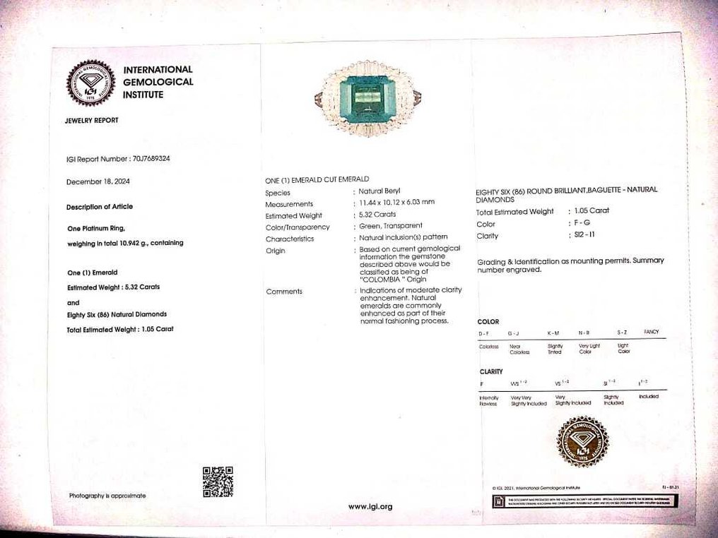 Δαχτυλίδι αρραβώνων Πλατίνα -  6.37ct. tw. Σμαράγδι - Διαμάντι - 5.32CT Σπάνιο Κολομβιανό #2.1