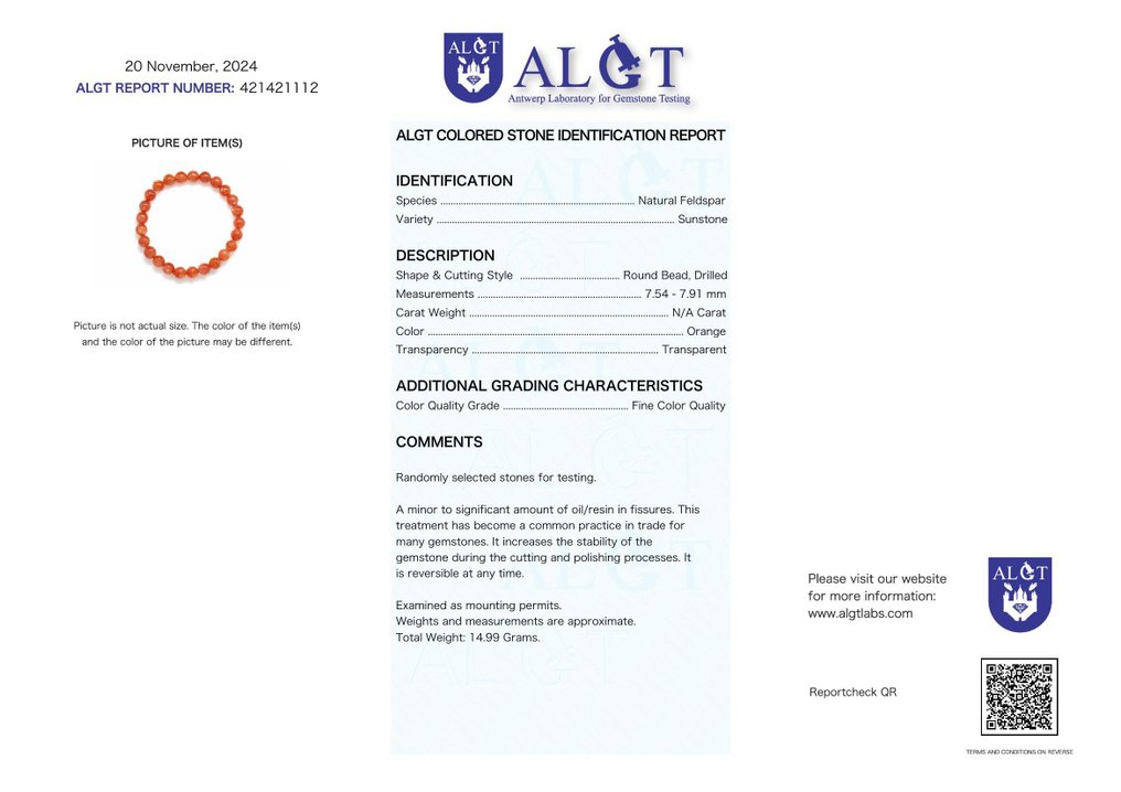 Sem preço de reserva - Certificado ALGT - Pulseira de pedra solar natural - Tons de Laranja Magníficos- 14.99 g #2.1