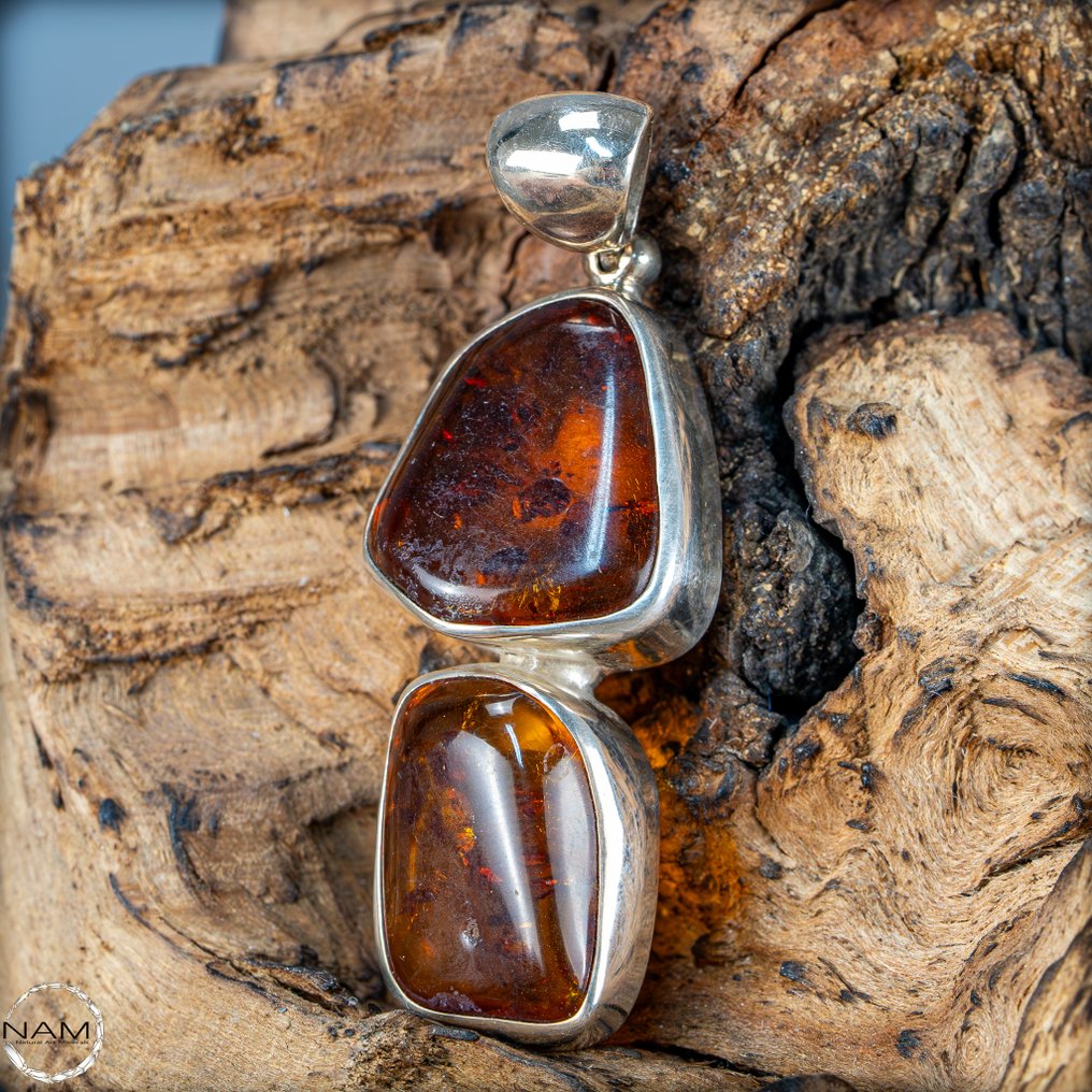 天然琥珀吊坠 - 925银 925 银 - 46,5 克拉- 9.3 g #3.2