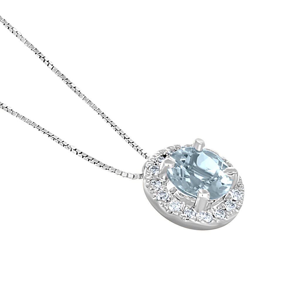 吊坠项链 - 18K包金 白金 -  1.16ct. tw. 海蓝宝石 - 钻石 #1.0