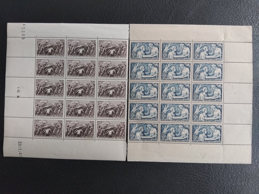 Frankrike 1907/1941 - Type Merson fra 1907, 60ct fiolett og blå, på brett med 25 eksemplarer, til inntekt for Secours - Yvert n°497/98 & 144 Neufs** sans charnières TTB (+75% cote Y&T sur certains n° 144) #2.1