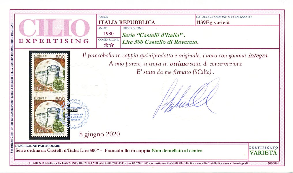 Italy 1980 - Castelli L. 500 pair not serrated in the center + single not serrated on the right. Certificates #2.1