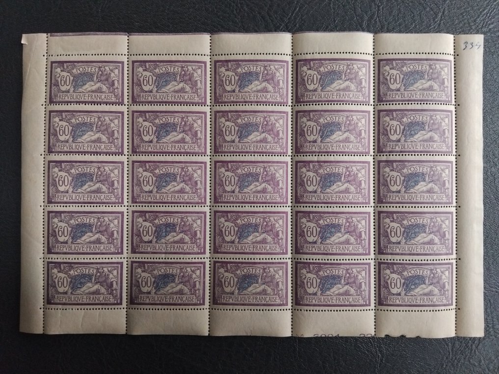 Frankrike 1907/1941 - Type Merson fra 1907, 60ct fiolett og blå, på brett med 25 eksemplarer, til inntekt for Secours - Yvert n°497/98 & 144 Neufs** sans charnières TTB (+75% cote Y&T sur certains n° 144) #1.0