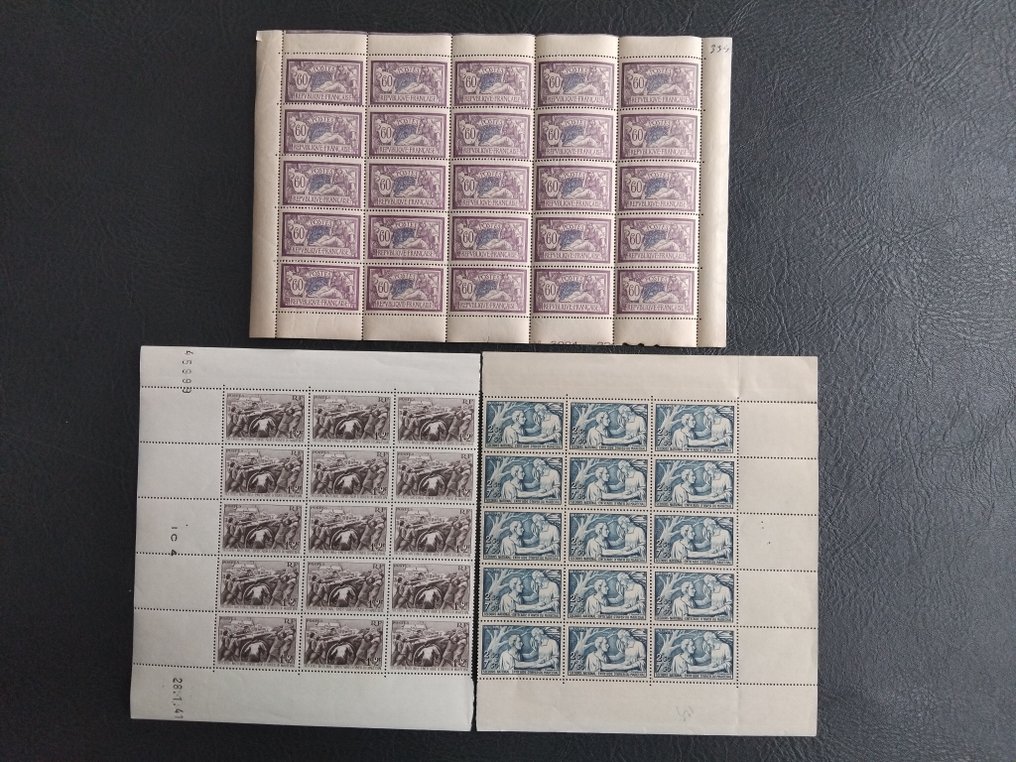 Frankrike 1907/1941 - Type Merson fra 1907, 60ct fiolett og blå, på brett med 25 eksemplarer, til inntekt for Secours - Yvert n°497/98 & 144 Neufs** sans charnières TTB (+75% cote Y&T sur certains n° 144) #1.0