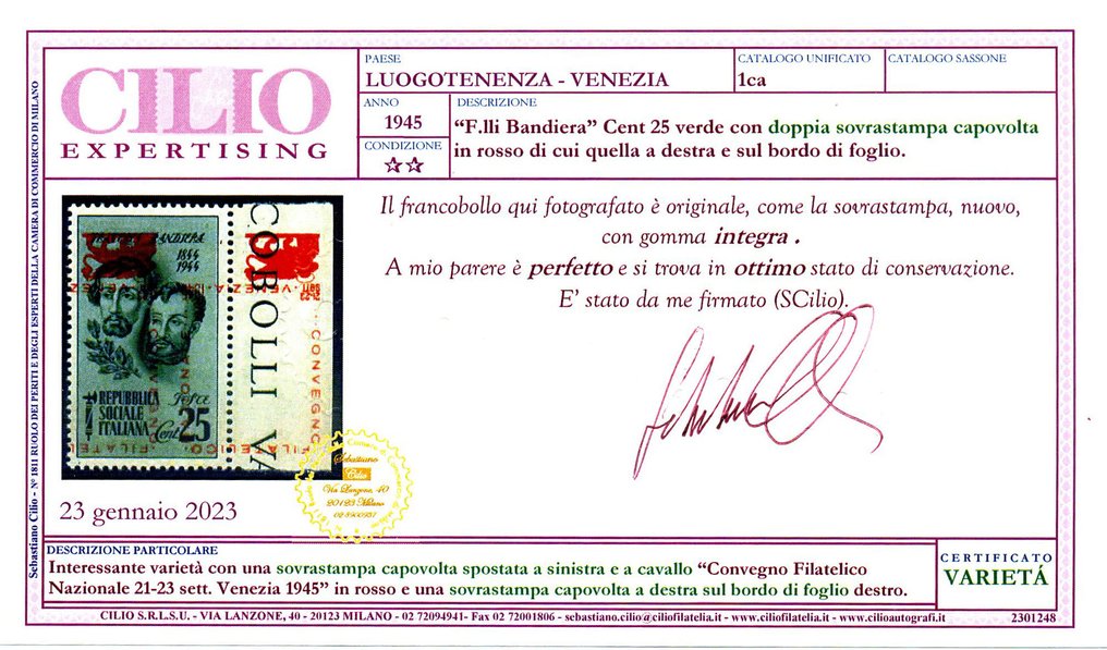 Italy 1945 - Philatelic Convention of Venice cent. 25 with reversed overprint and repeated on the margin. Rare - Unificato 1ca #2.1