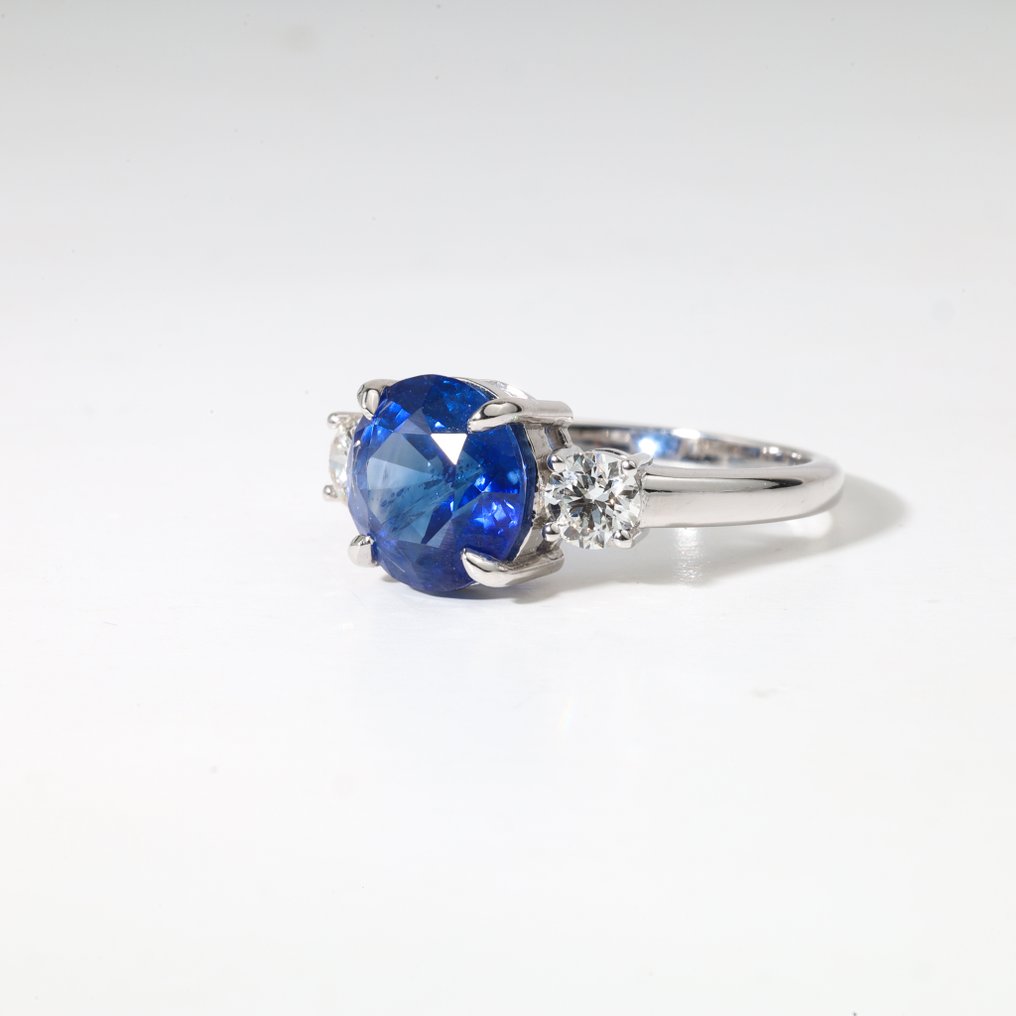 訂婚戒指 - 18 克拉 白金 -  3.96ct. tw. 藍寶石 - 鉆石 - Three Stone #4.3