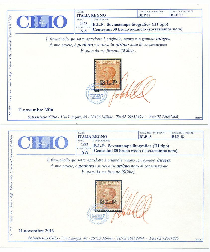 Ιταλία 1922 - BLP 30 και 85 λεπτά με τυπογραφική επιγραφή τύπου III, πιστοποιητικά - Sassone N. 17+18 #1.0