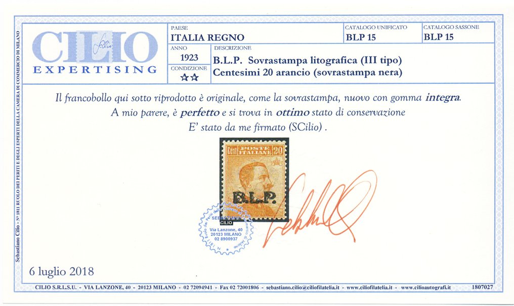Italy 1922 - BLP 20 cents with typographic overprint of the III type, certified - Sassone N. 15 #2.1