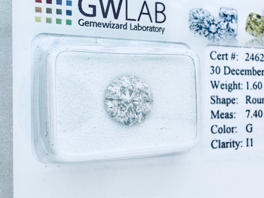 1 pcs Gyémánt  (Természetes)  - 1.60 ct - Kerek - G - I1 - Gemewizard Gemmológiai Laboratórium (GWLab) - ( TERMÉSZETES - VG/VG/VG ) #1.0