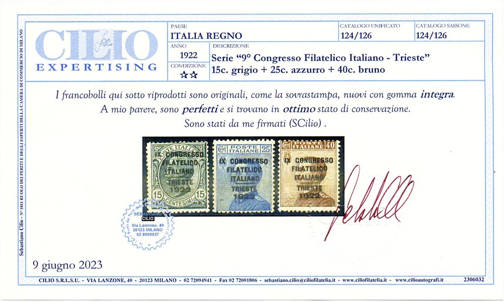 Ιταλία Βασίλειο 1922 - Φιλοτελικό Συνέδριο 15, 25 και 40 σεντς Τρεις πιστοποιημένες αξίες - Sassone 124/126 #1.0