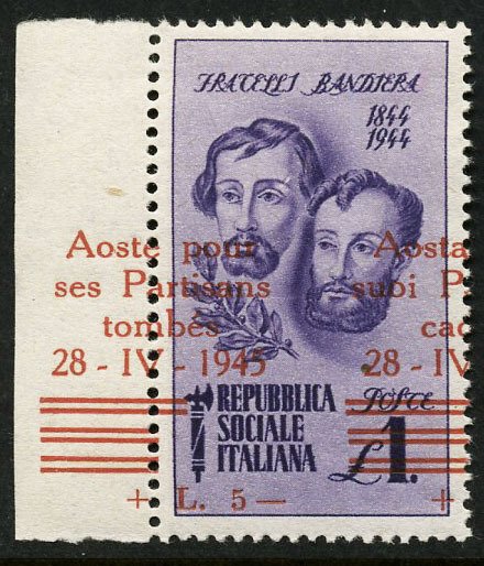 意大利 1945 - 奥斯塔 - 阵亡游击队员，1 里拉，印有马。一半是用法语写的 #1.0