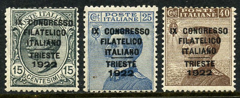 Ιταλία Βασίλειο 1922 - Φιλοτελικό Συνέδριο 15, 25 και 40 σεντς Τρεις πιστοποιημένες αξίες - Sassone 124/126 #1.0