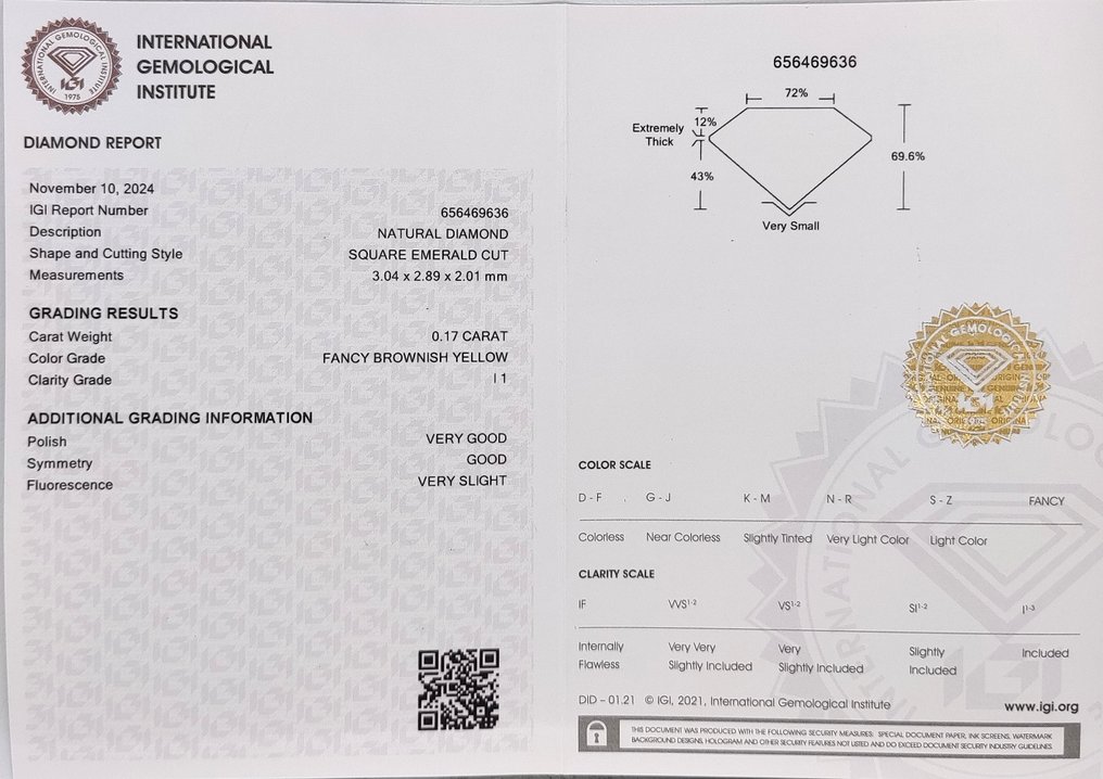 χωρίς τιμή ασφαλείας - 1 pcs Διαμάντι (Φυσικού χρώματος) - 0.17 ct - Τετράγωνο - Fancy Καφετί Κίτρινο - I1 - International Gemological Institute (IGI) #4.3