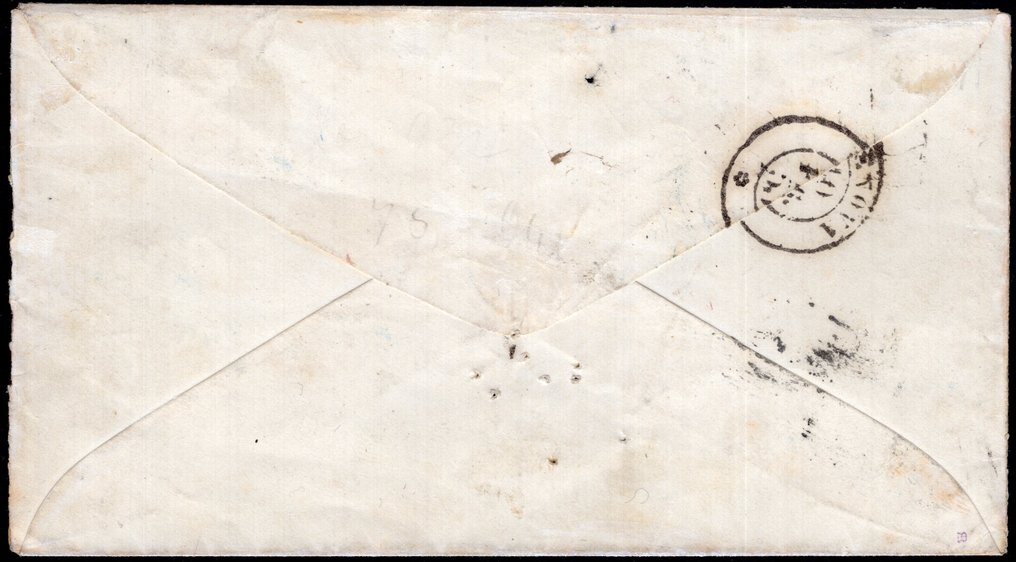 意大利古國－托斯卡尼 1851 - 9克拉深紫色紫罗兰色，垂直对折，用于信封背面，已用双重“P.D.”戳记作废。 - Sassone n. 8a #1.0