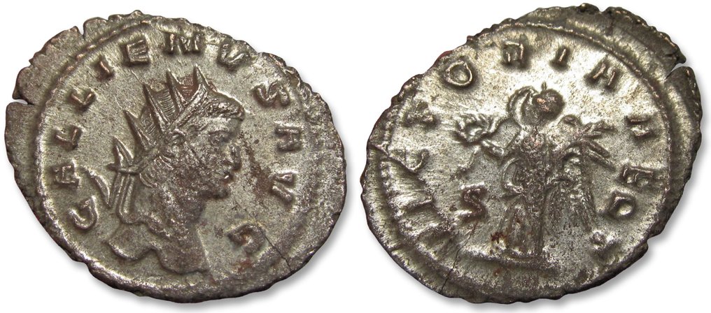 Império Romano. Galiano (253-268 d.C.). Silvered Antoninianus Rome mint circa 265 A.D. - VICTORIA AET, S - P in fields - scarcer/rarer issue #2.1
