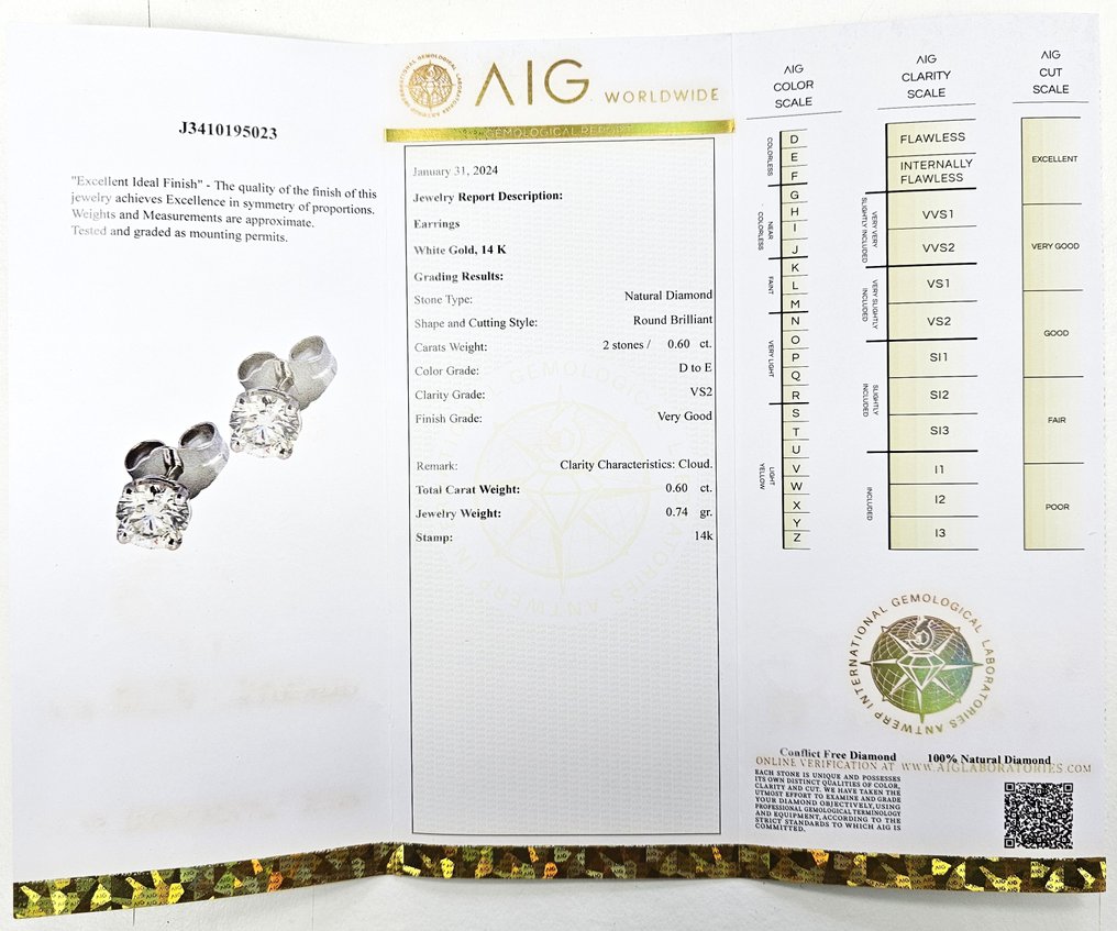 Pendientes - 14 quilates Oro blanco -  0.60 tw. Diamante  (Natural) #2.1
