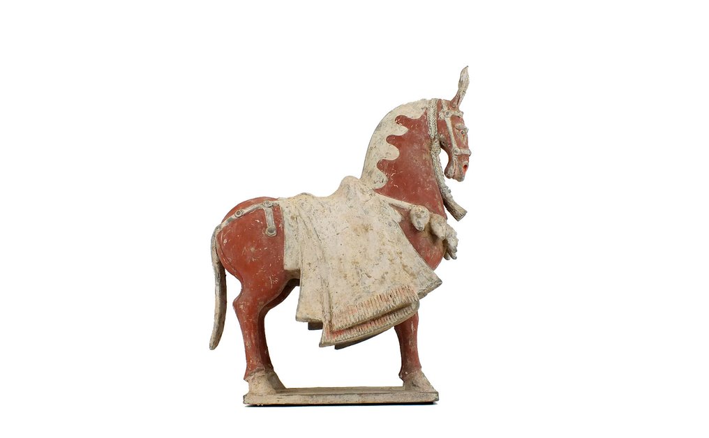 Północna dynastia Wei (386-534) Terakota Wspaniała malowana szara ceramika przedstawiająca konia w czapce, z testem TL - 38 cm #2.1