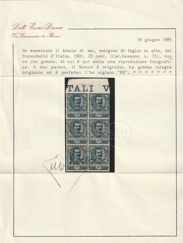 Kungariket Italien 1929 - Blommor 25 c. ljusblå Block om 6 Sass 73 Bdf MNH** Sällsynt ED-certifierad #2.1