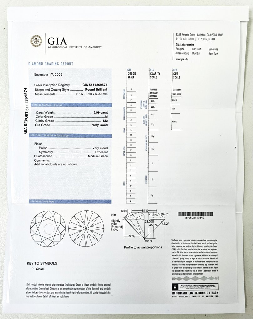 鑽石 - 2.09 ct - 圓形, GIA 認證 - M(微黃色、但仍擁有光芒和耀彩，) - SI2 #2.1