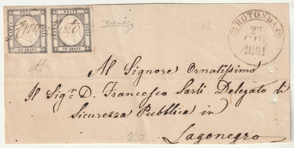 Ναπολιτάνοι επαρχίες 1861 - 1861 23 Ιουνίου 1 γρ. Ζεύγος με 1 πρώην. Χωρίς A di POSTA Sass 19a με καλές άκρες στο μπροστινό #1.1