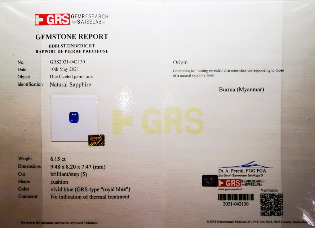Anello Oro bianco, Burma Royal Blue 7.51ct GRS-IGE Zaffiro - Diamante #2.1