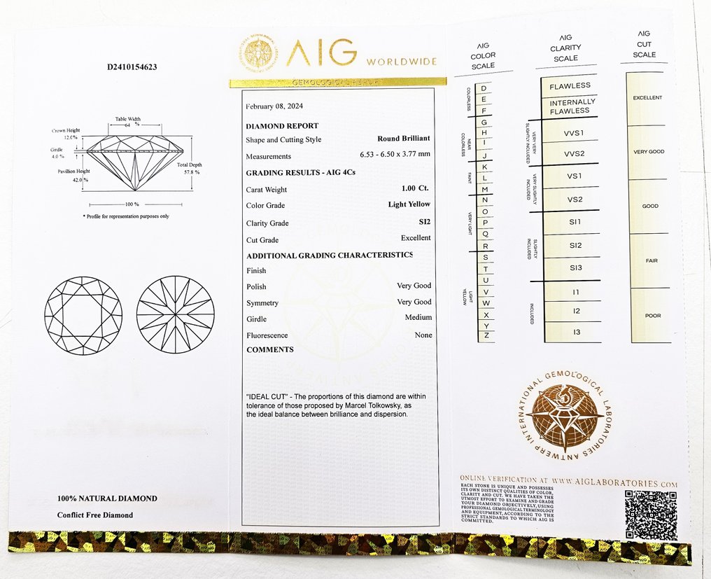 1 pcs 钻石  (天然色彩的)  - 1.00 ct - Light 黄色 - SI2 微内含二级 - 安特卫普国际宝石实验室（AIG以色列） #2.1