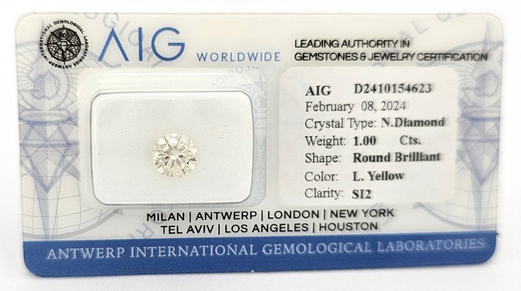 1 pcs 钻石  (天然色彩的)  - 1.00 ct - Light 黄色 - SI2 微内含二级 - 安特卫普国际宝石实验室（AIG以色列） #1.1
