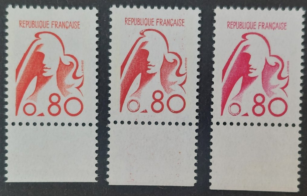Francia 1975 - Marianne de Béquet, 80 c. rojo, los TRES tonos, certificados Calves - Yvert 1841A, 1841B et 1841C #1.1