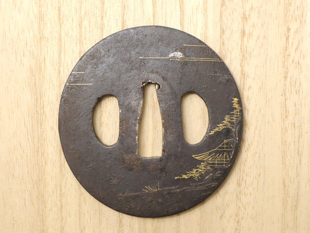 Sword guard - Rural Landscape Gold and Silver Inlay Tsuba 123g with Wooden Box - Japan - Edo Period (1600-1868) #1.1