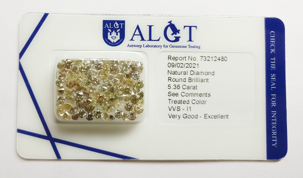 106 pcs Diamant  (Fargebehandlet)  - 5.36 ct - I1, SI1, SI2, VS1, VS2, VVS1, VVS2 - Antwerpen laboratorium for edelsten testing (ALGT) #2.1