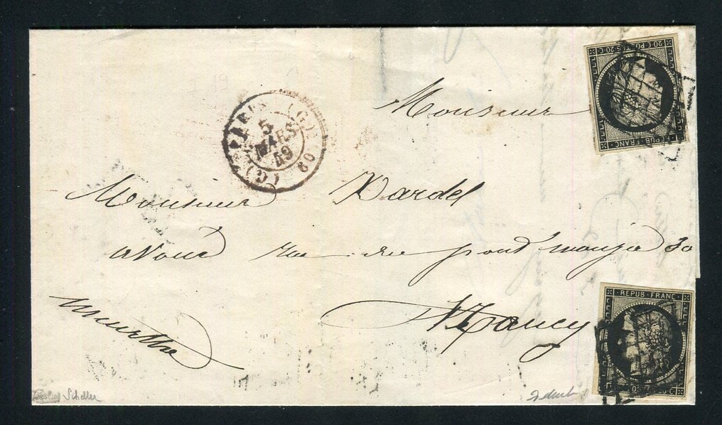 Frankreich 1849 - Hervorragender und seltener Pariser Brief für Nancy (Bureau G) mit zwei Nummern 3 – Cachet à Date #1.1