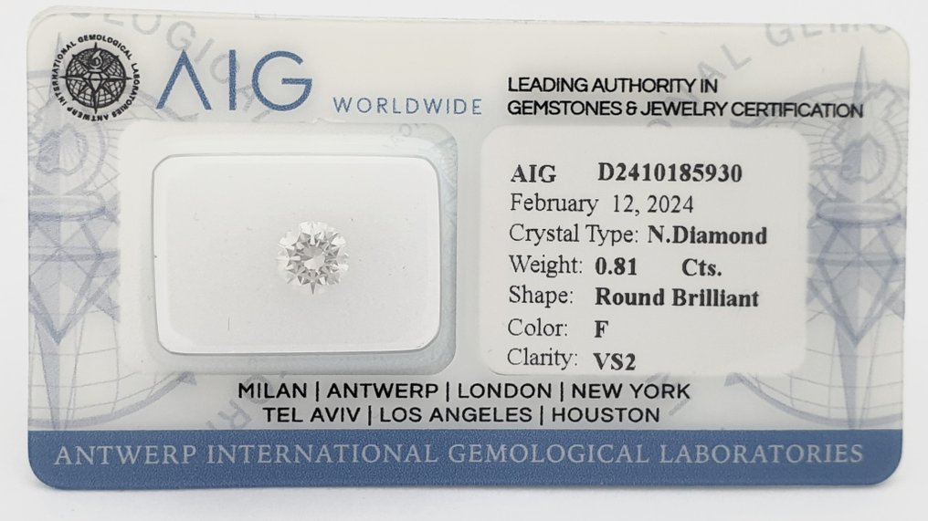 1 pcs Diamante  (Natural)  - 0.81 ct - F - VS2 - Antwerp International Gemological Laboratories (AIG Israel) #1.1
