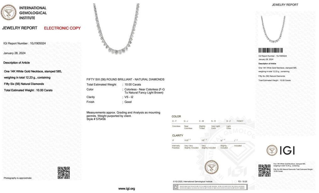 Collar - 14 quilates Oro blanco -  10.00 tw. Diamante  (Natural) #2.1