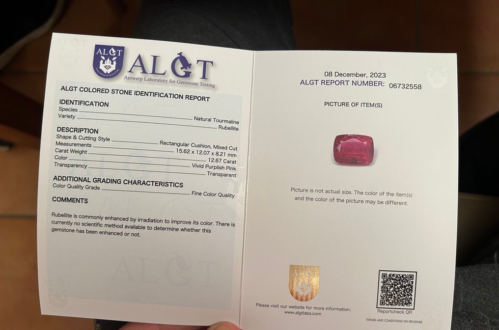 粉色 電氣石  - 12.47 ct - Antwerp Laboratory for Gemstone Testing (ALGT) #3.2